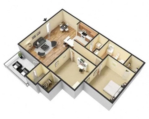Floor plan for 2 beds, 1 bath, 1051 sqft